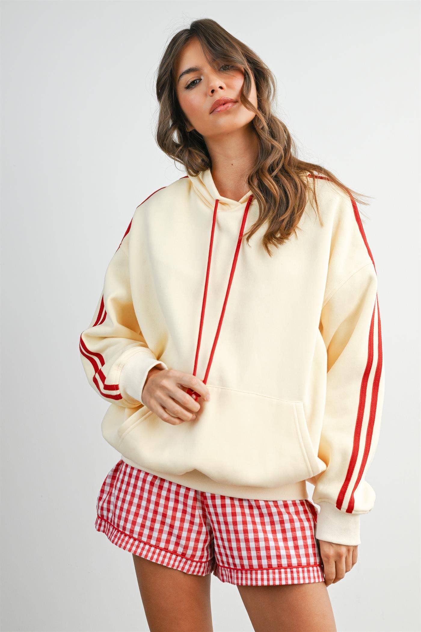 BUTTERMELON- Contrast Striped  Drawstring Hoodie