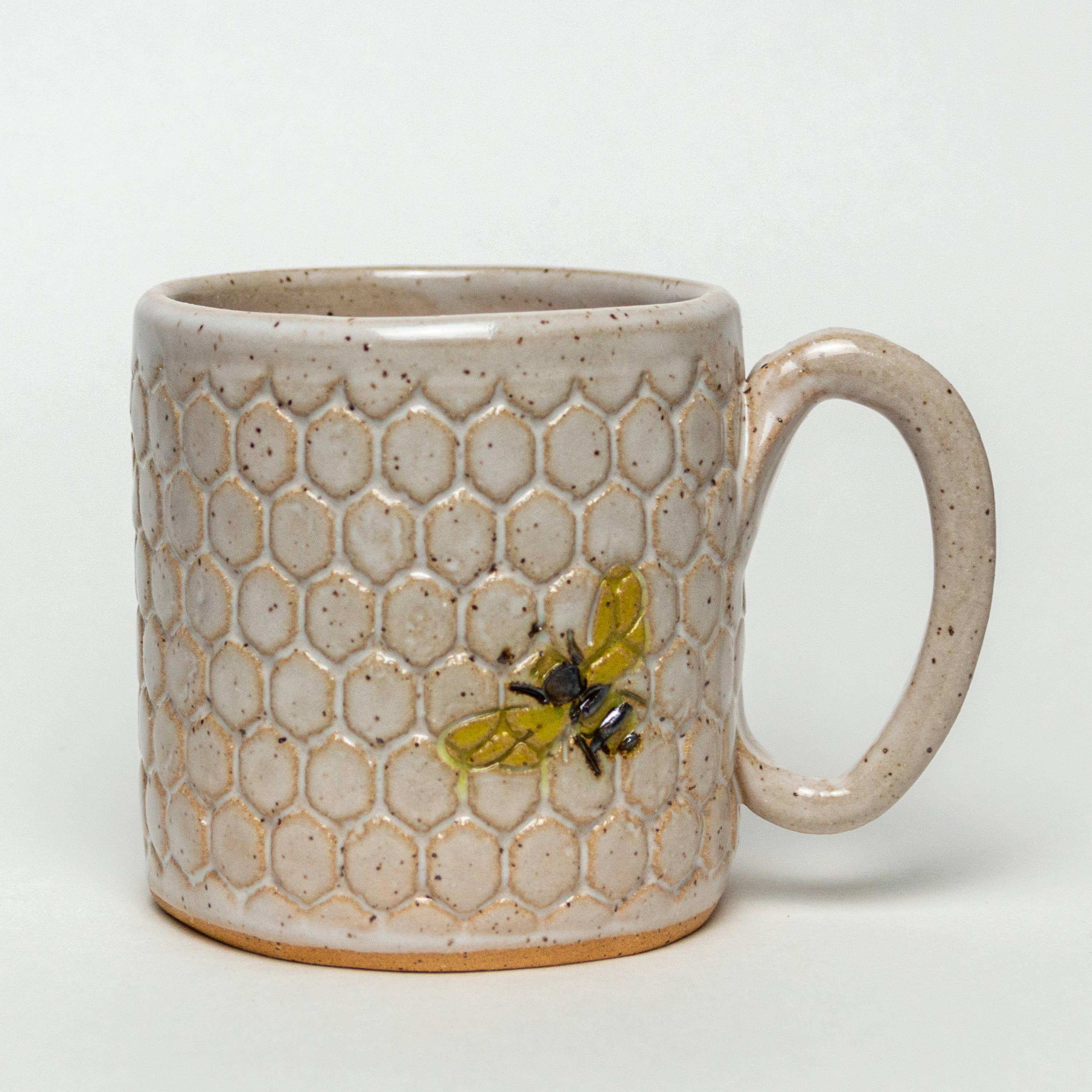 White Squirrel Clayworks- Bee Pattern Handmade in Ohio Ceramic White 10 oz Mug