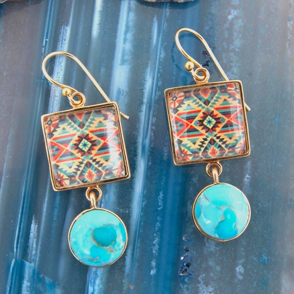 Barse Jewelry- Native Weave Blue Turquoise Golden Drop Earrings