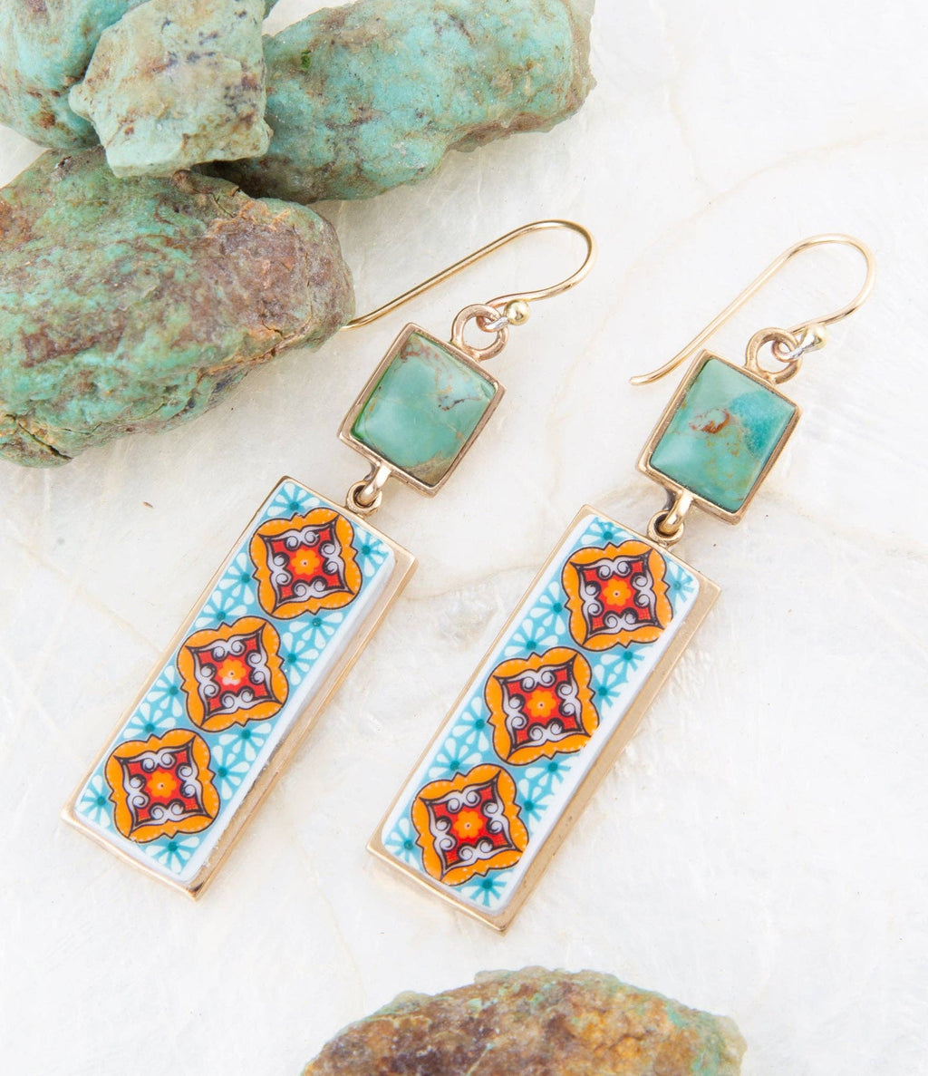 Barse Jewelry- Talavera Tile and Blue Turquoise Golden Dangle Earrings
