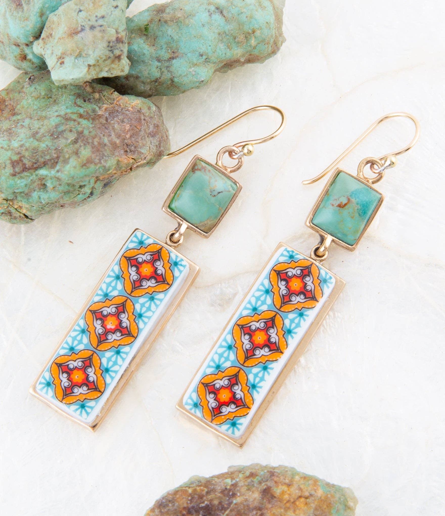 Barse Jewelry- Talavera Tile and Blue Turquoise Golden Dangle Earrings