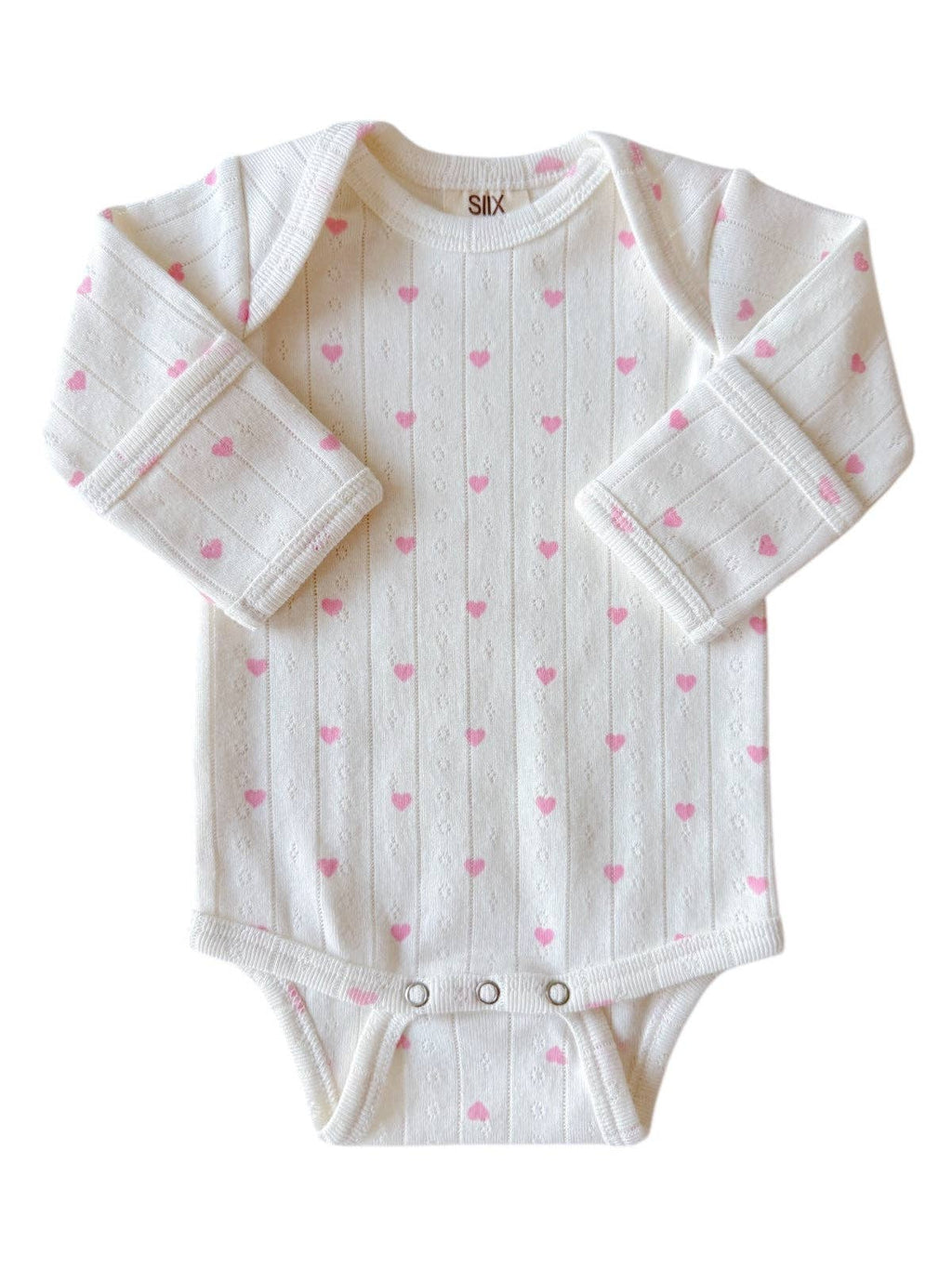 SIIX Collection- White with Pink Heart / Organic Pointelle Long Sleeve Bodysuit