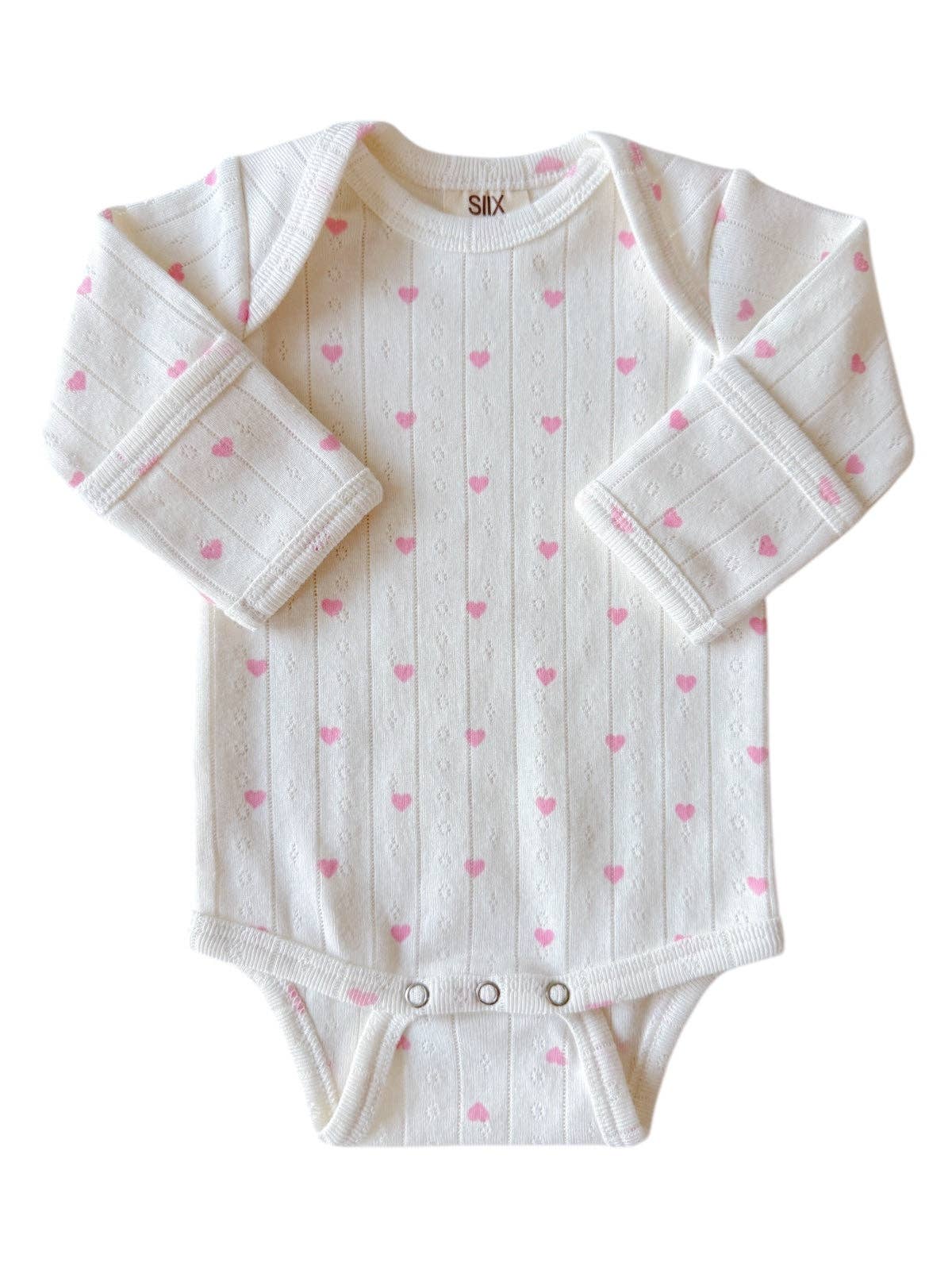 SIIX Collection- White with Pink Heart / Organic Pointelle Long Sleeve Bodysuit