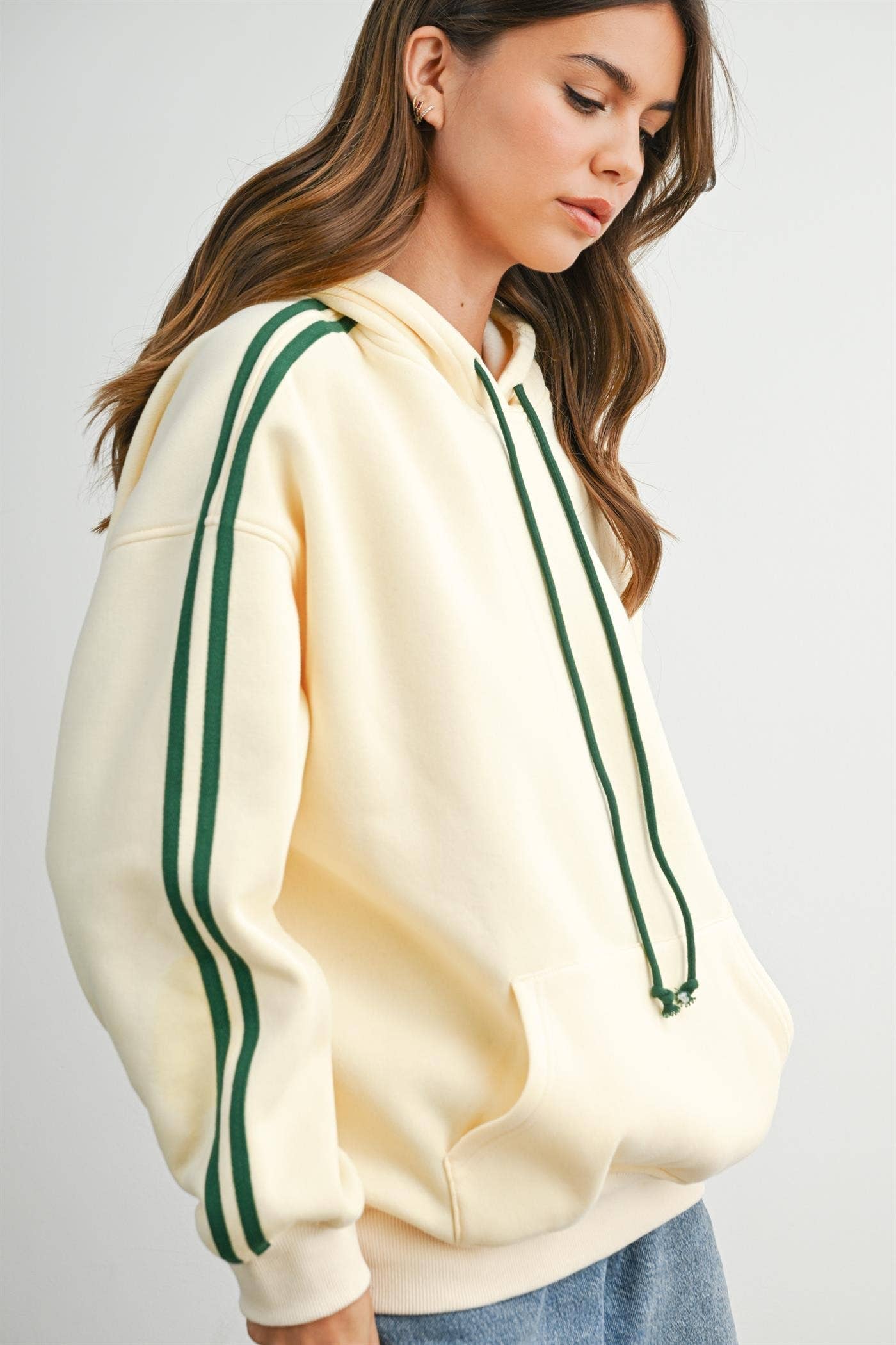 BUTTERMELON- Contrast Striped  Drawstring Hoodie