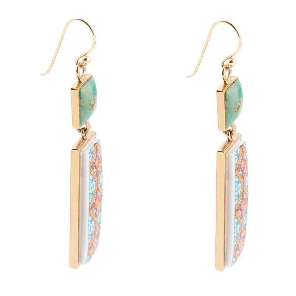 Barse Jewelry- Talavera Tile and Blue Turquoise Golden Dangle Earrings