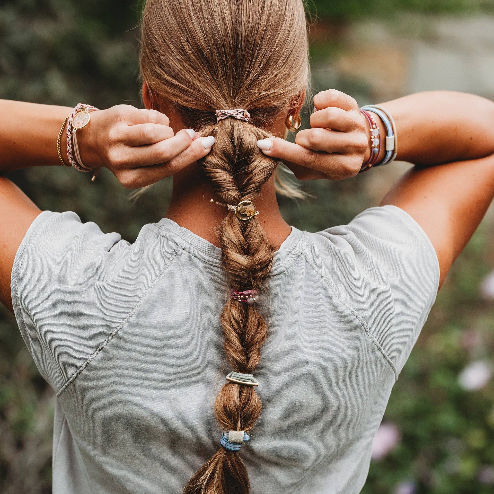 K'lani- "Bloom" Maroon and Pink with Pressed Flowers Hair Tie Bracelets