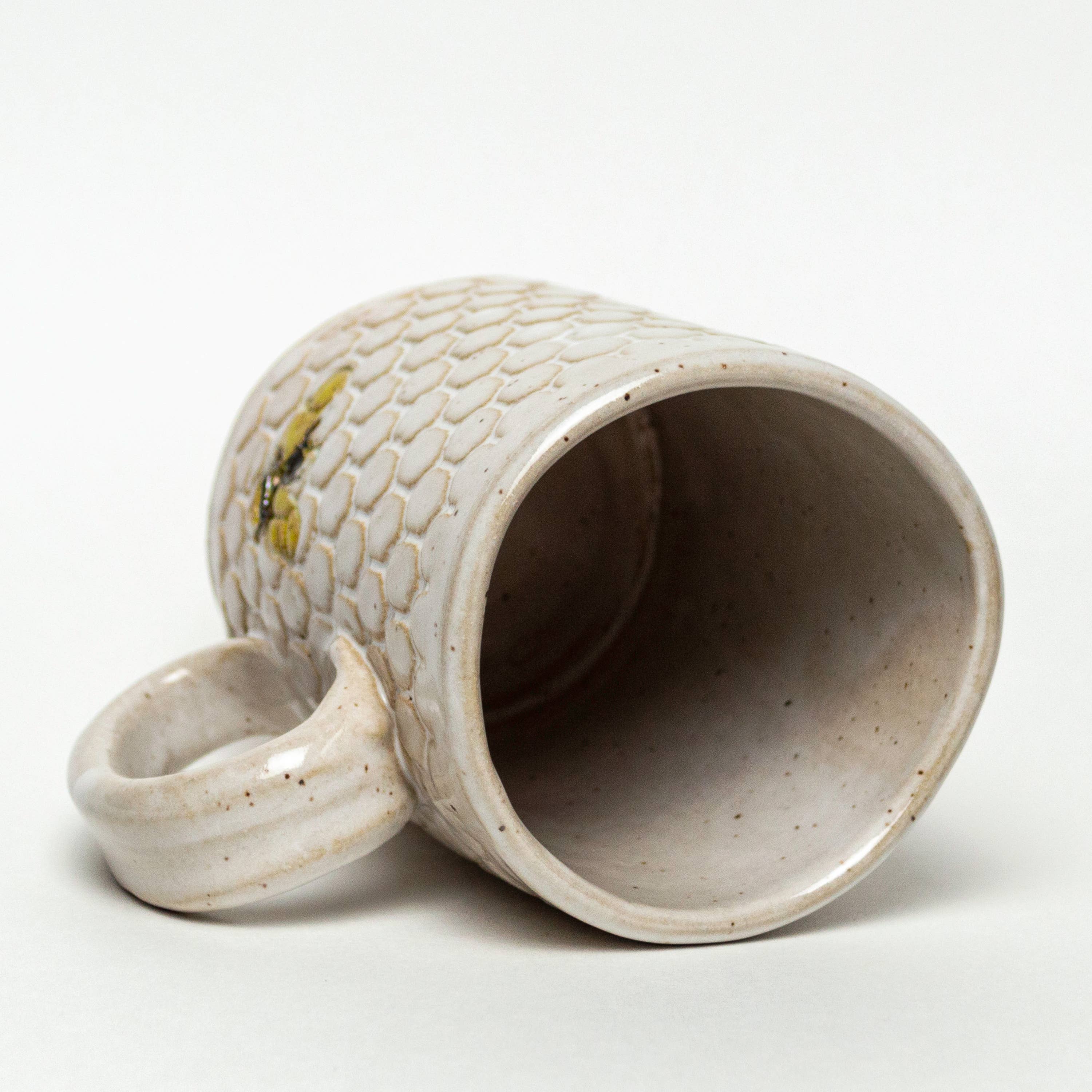White Squirrel Clayworks- Bee Pattern Handmade Ceramic White 14oz Mug