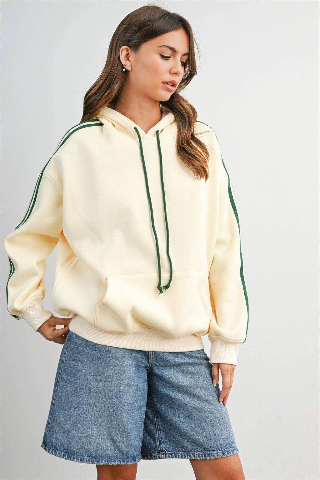 BUTTERMELON- Contrast Striped  Drawstring Hoodie