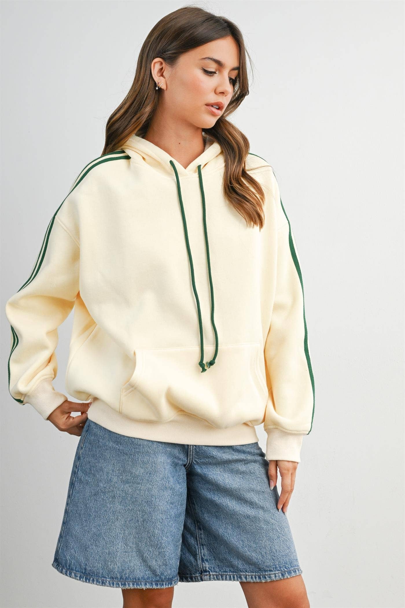 BUTTERMELON- Contrast Striped  Drawstring Hoodie