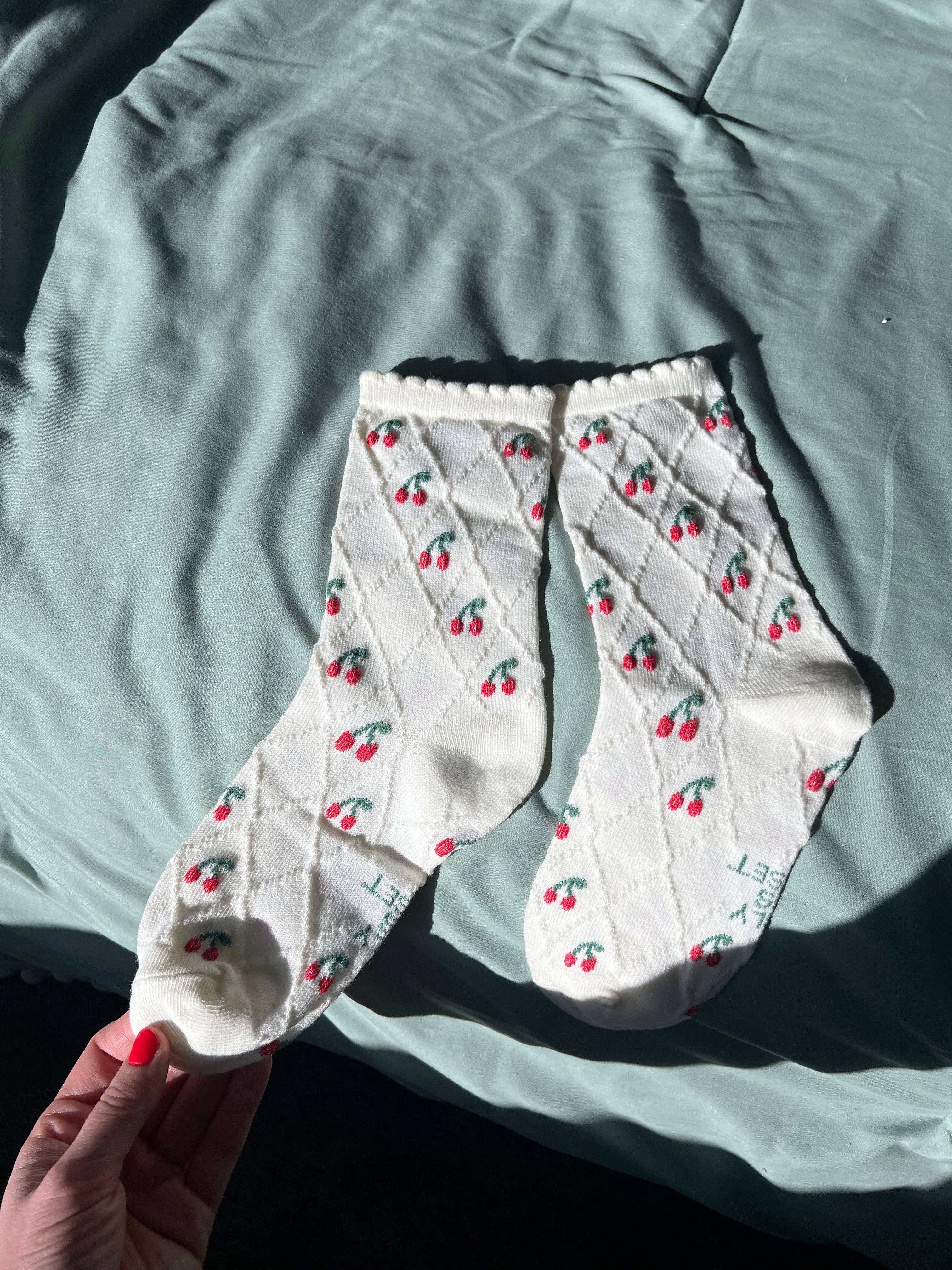 First Summer- Red Cherry Print Ruffle textured Crew Socks