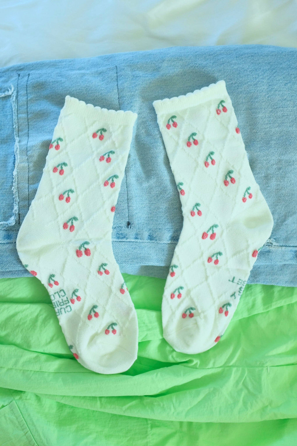First Summer- Red Cherry Print Ruffle textured Crew Socks