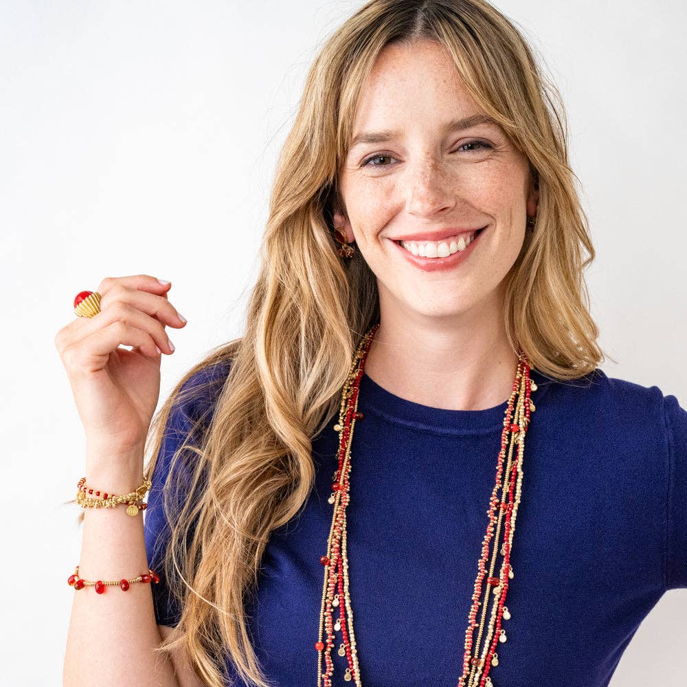 INK + ALLOY- Portia Brass Necklace With Glass Beads Red