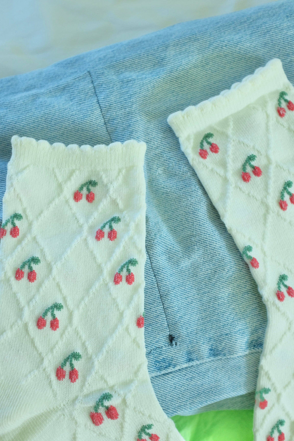 First Summer- Red Cherry Print Ruffle textured Crew Socks
