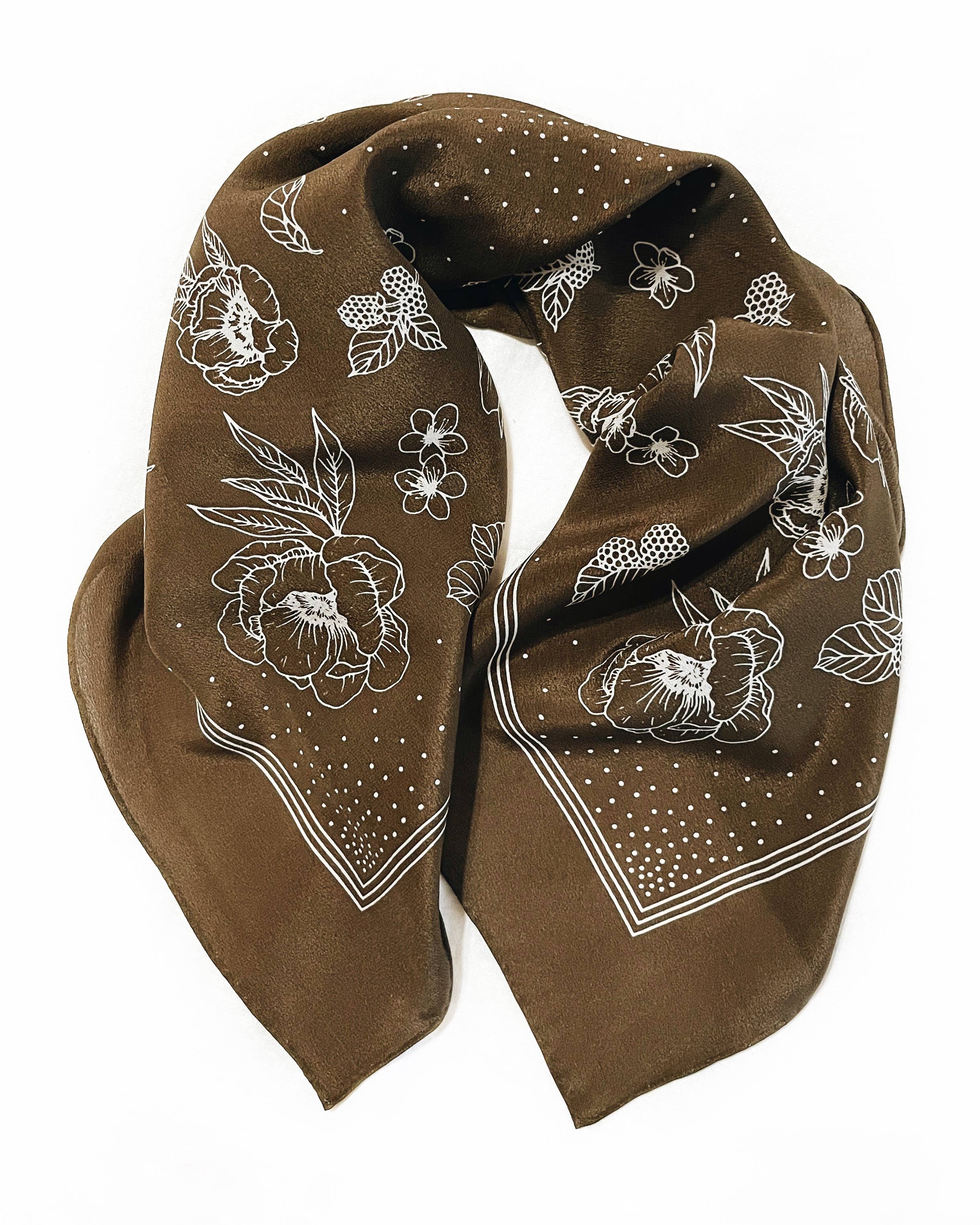 Flora West Design- 100% Silk Bandana Scarf - Classic Deep Olive Floral Western