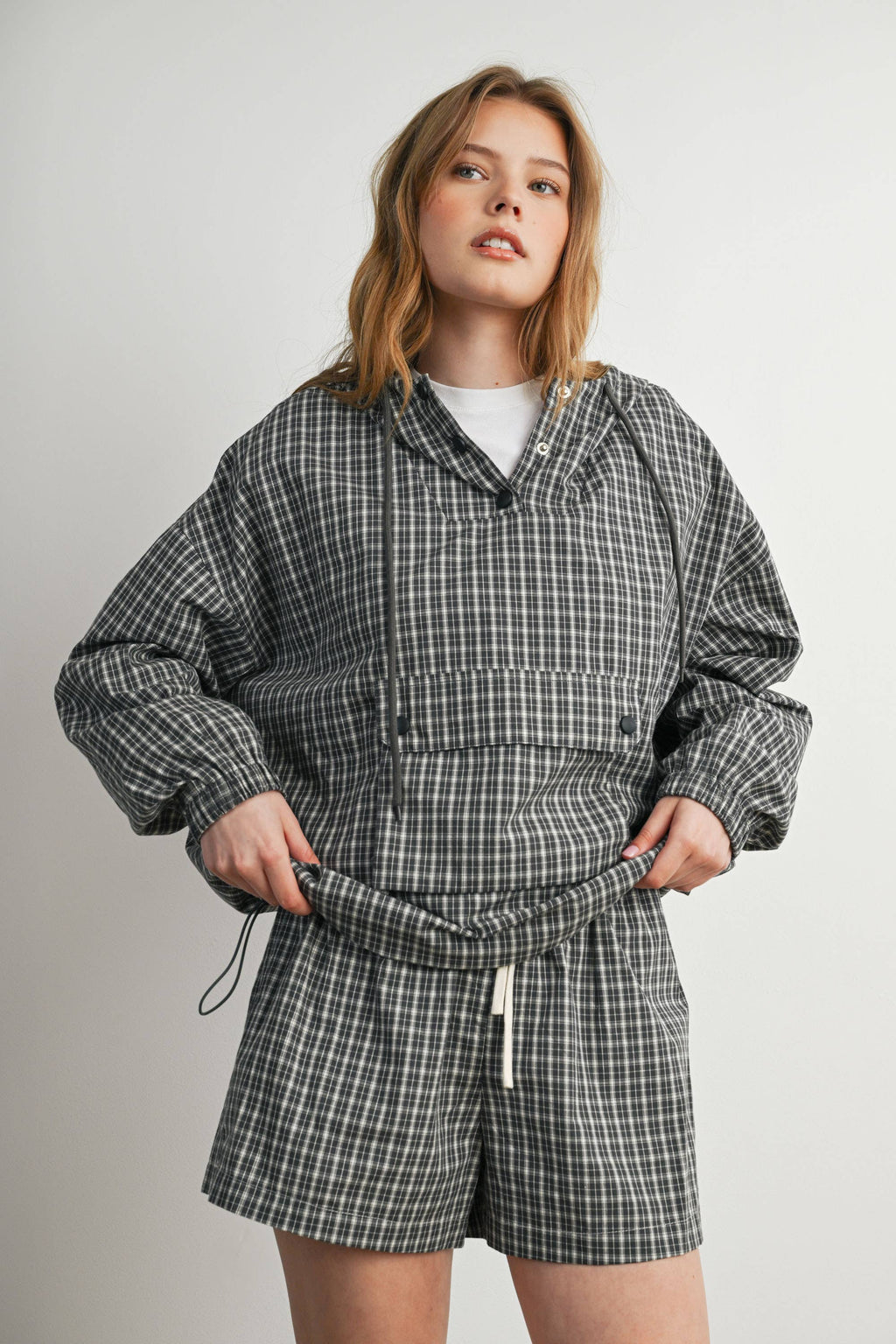 BUTTERMELON- Check Hooded Anorak Top