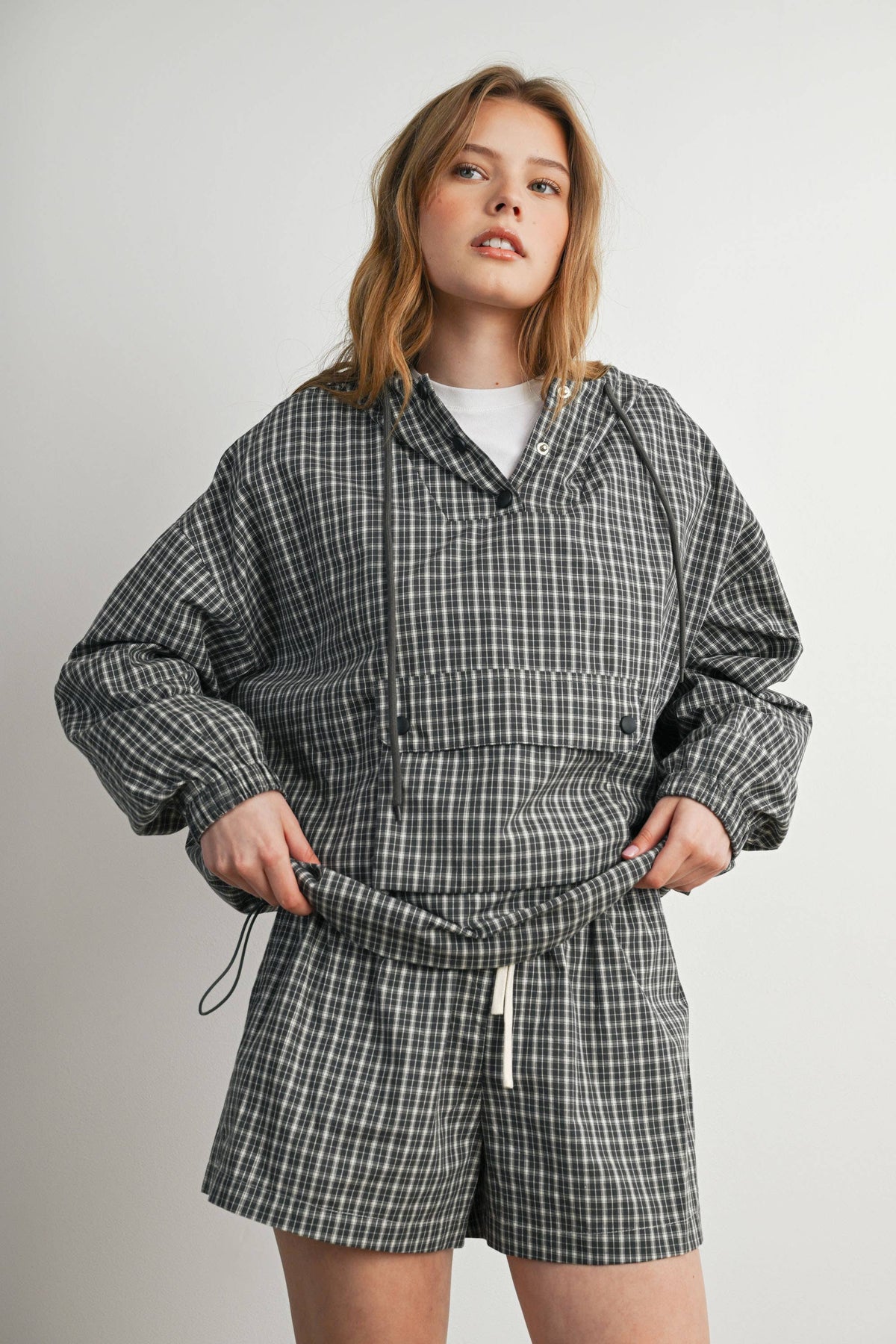 BUTTERMELON- Check Hooded Anorak Top