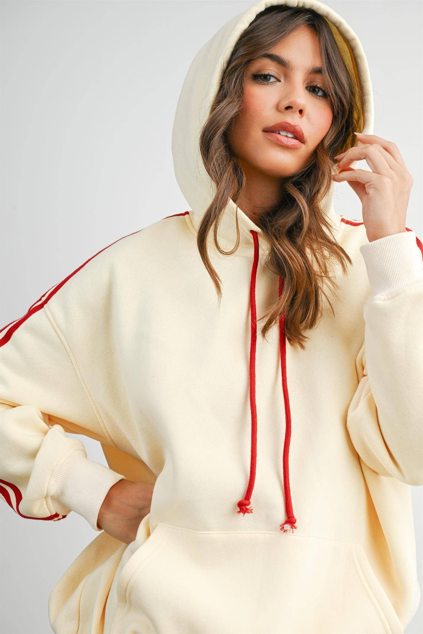 BUTTERMELON- Contrast Striped  Drawstring Hoodie