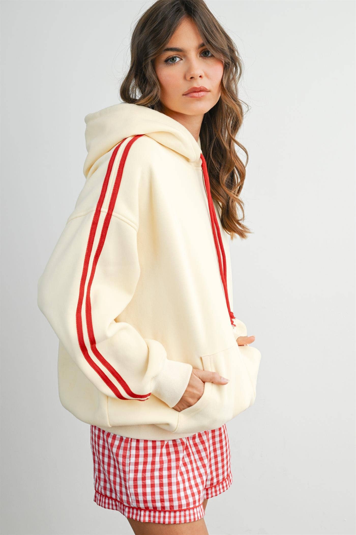 BUTTERMELON- Contrast Striped  Drawstring Hoodie