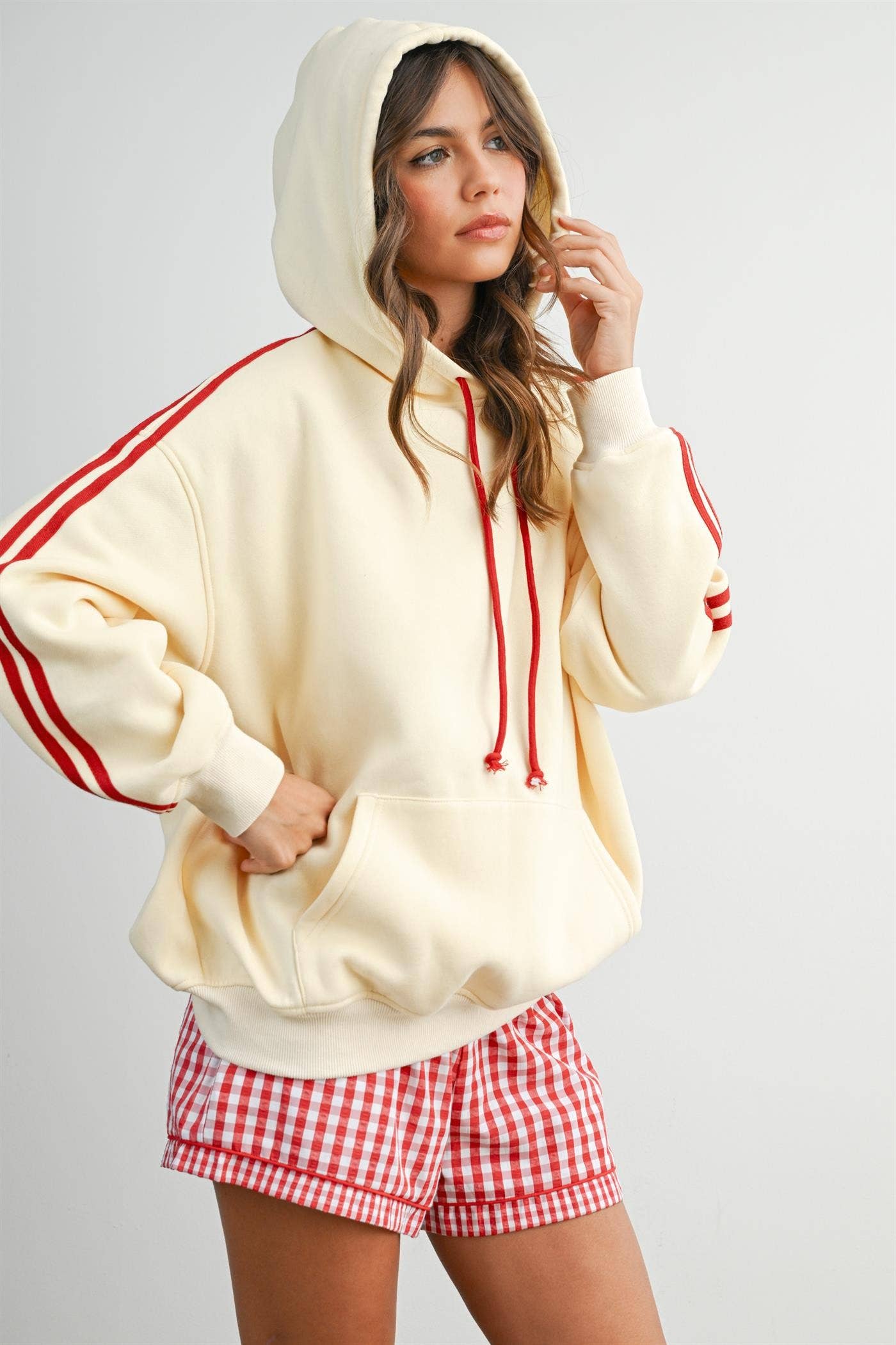 BUTTERMELON- Contrast Striped  Drawstring Hoodie