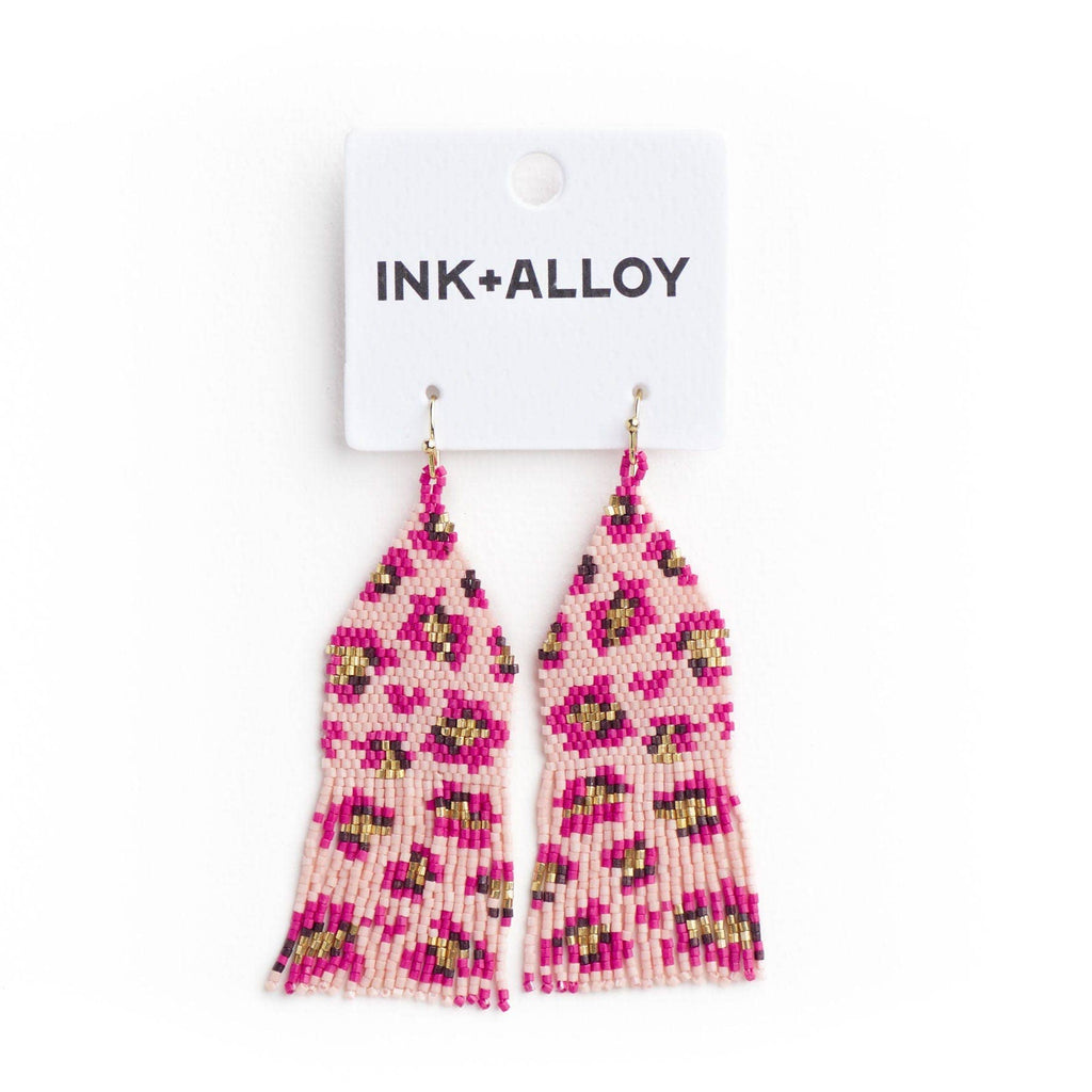 INK + ALLOY- Delilah Cheetah Print Beaded Fringe Earrings Pink + Gold Wholesale