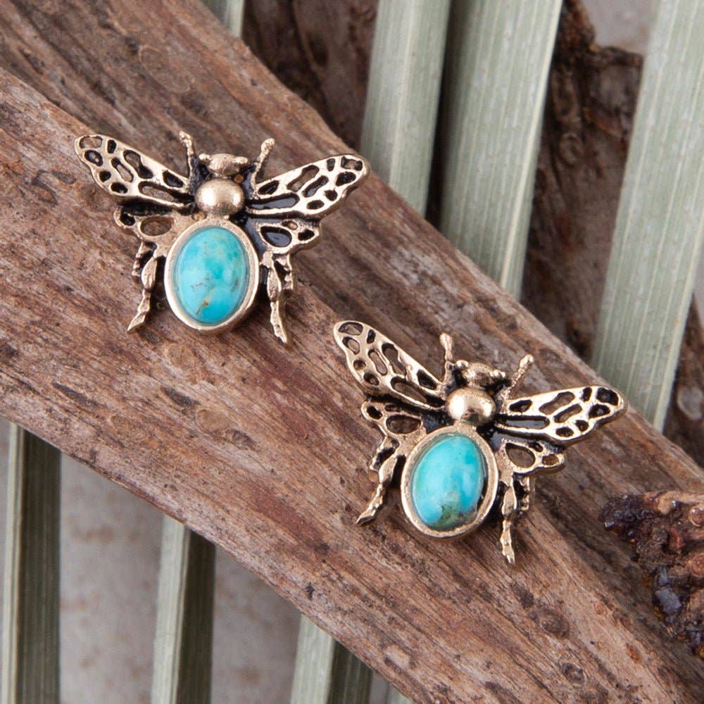 Barse Jewelry- Blue Turquoise Golden Honey Bee Earrings