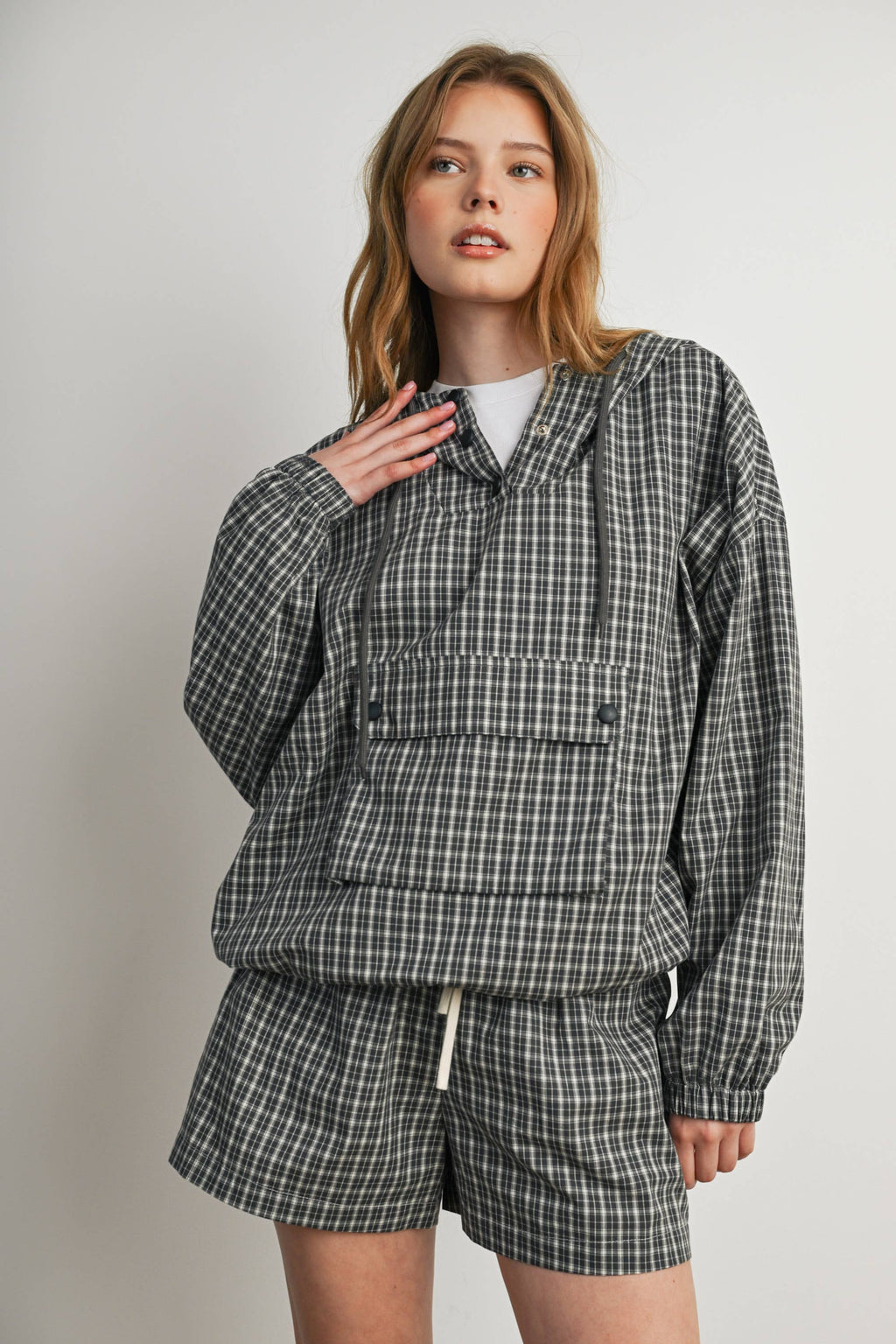 BUTTERMELON- Check Hooded Anorak Top