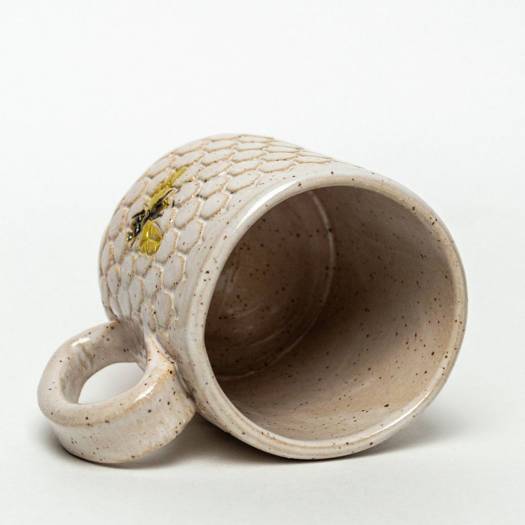 White Squirrel Clayworks- Bee Pattern Handmade in Ohio Ceramic White 10 oz Mug
