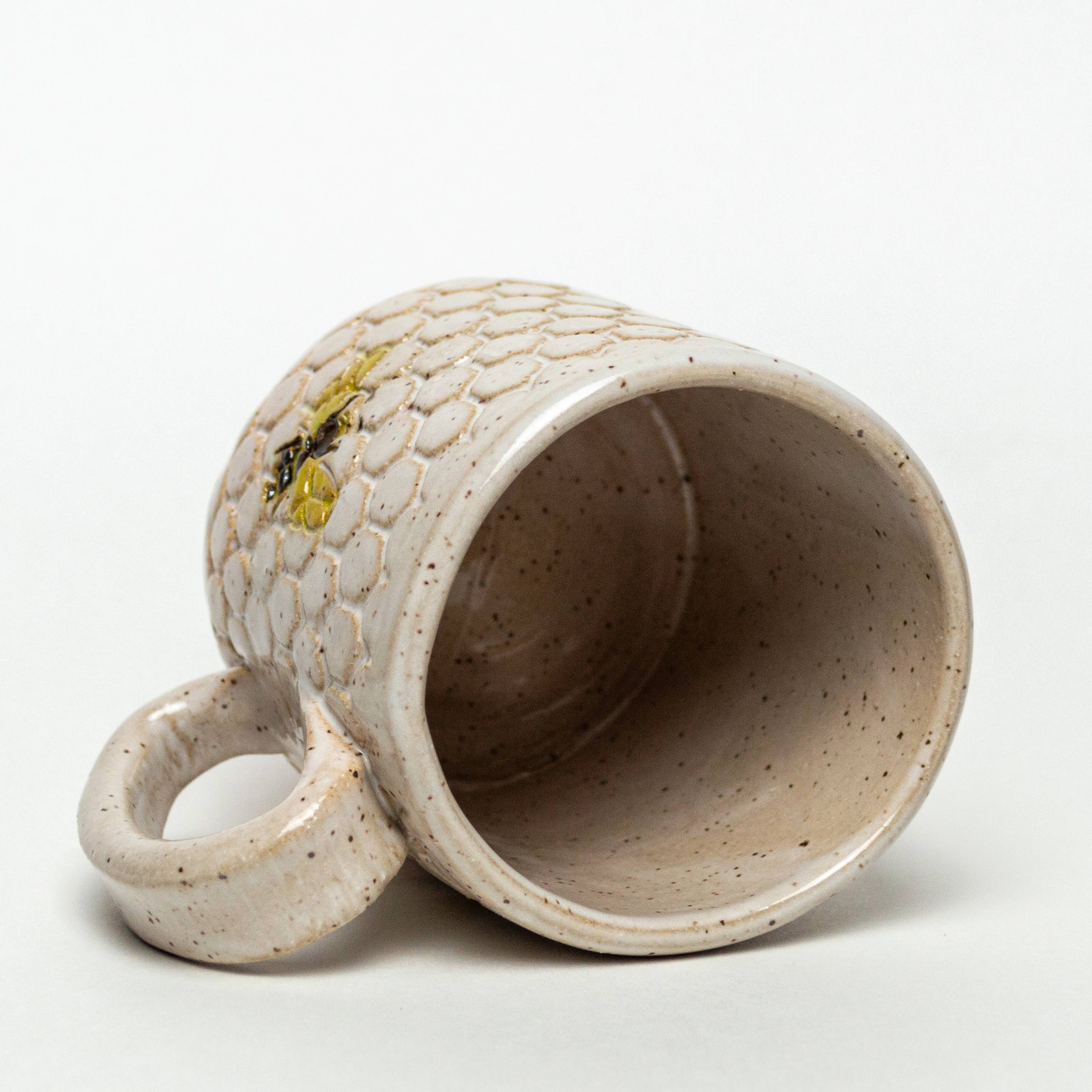 White Squirrel Clayworks- Bee Pattern Handmade in Ohio Ceramic White 10 oz Mug