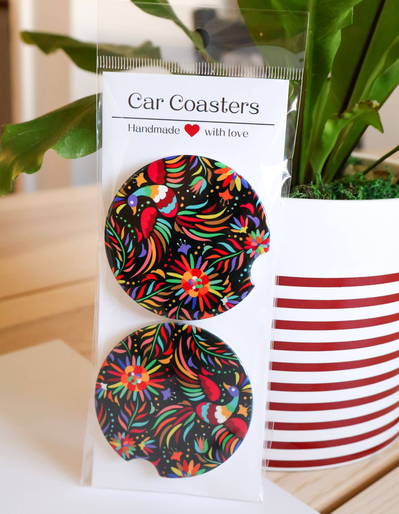 Gaec Studio- Mexican Embroidery Style Black - Car Coasters Set of 2