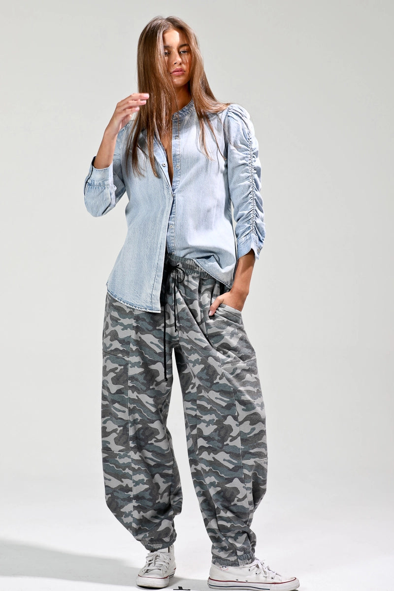 NoaBoa- Shirring Sleeve Washed Button Down Denim Blouse