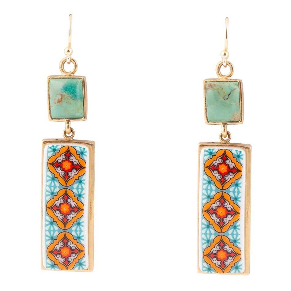 Barse Jewelry- Talavera Tile and Blue Turquoise Golden Dangle Earrings