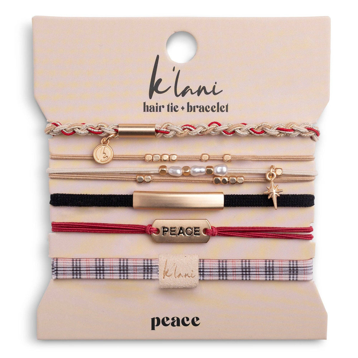K'lani- "Peace" Holiday Red & Cream Plaid with Gold Accents Hair Tie Bracelets