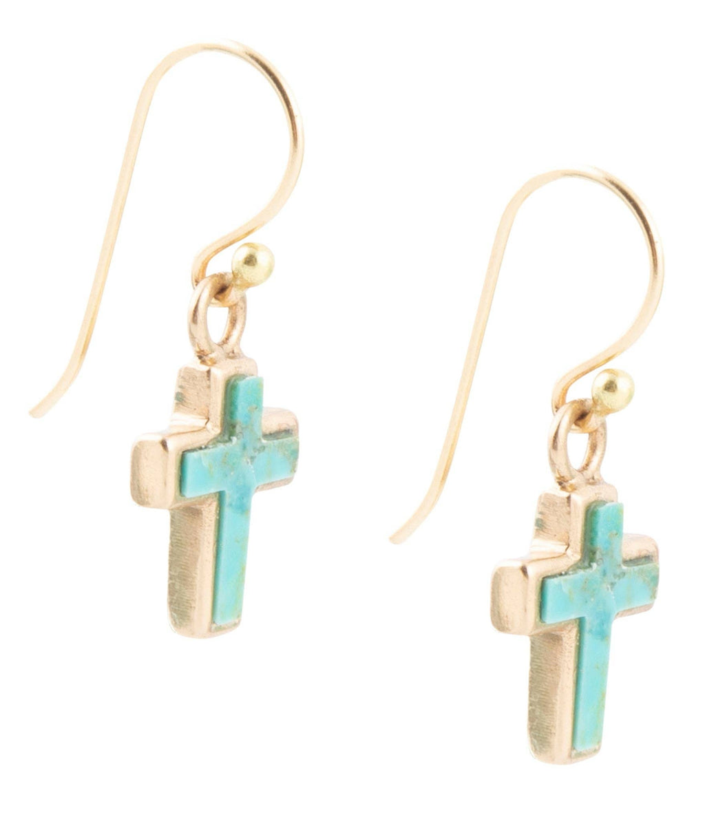 Barse Jewelry- Touch of Blue Turquoise Golden Cross Drop Earrings