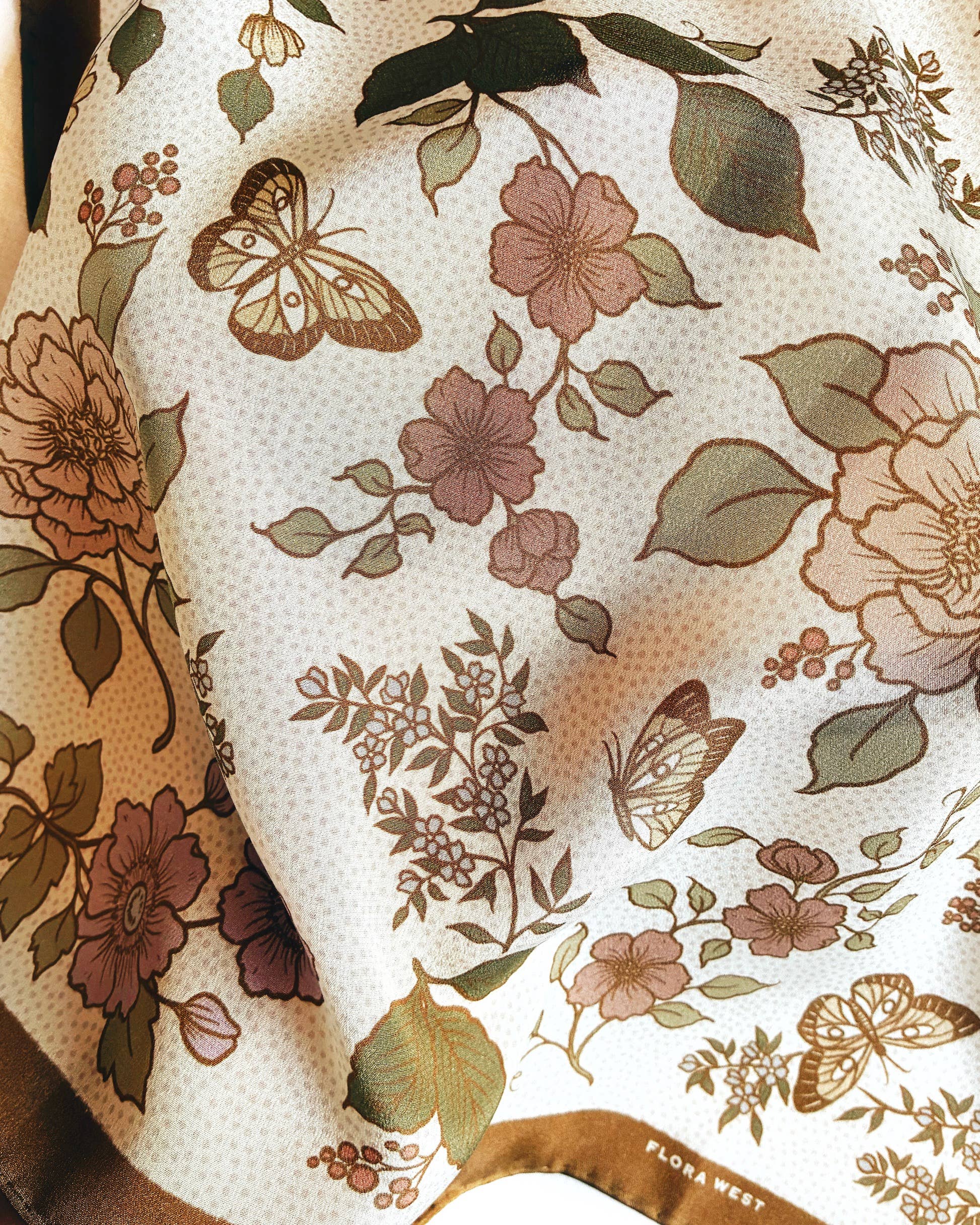 Flora West Design- 100% Silk Bandana Western Floral & Butterfly  – 23” Square