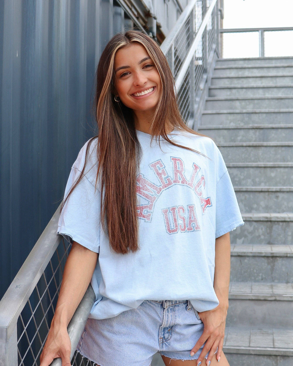 LivyLu- 4th of July America Mega Arch Lt. Blue Thrifted Graphic Tee