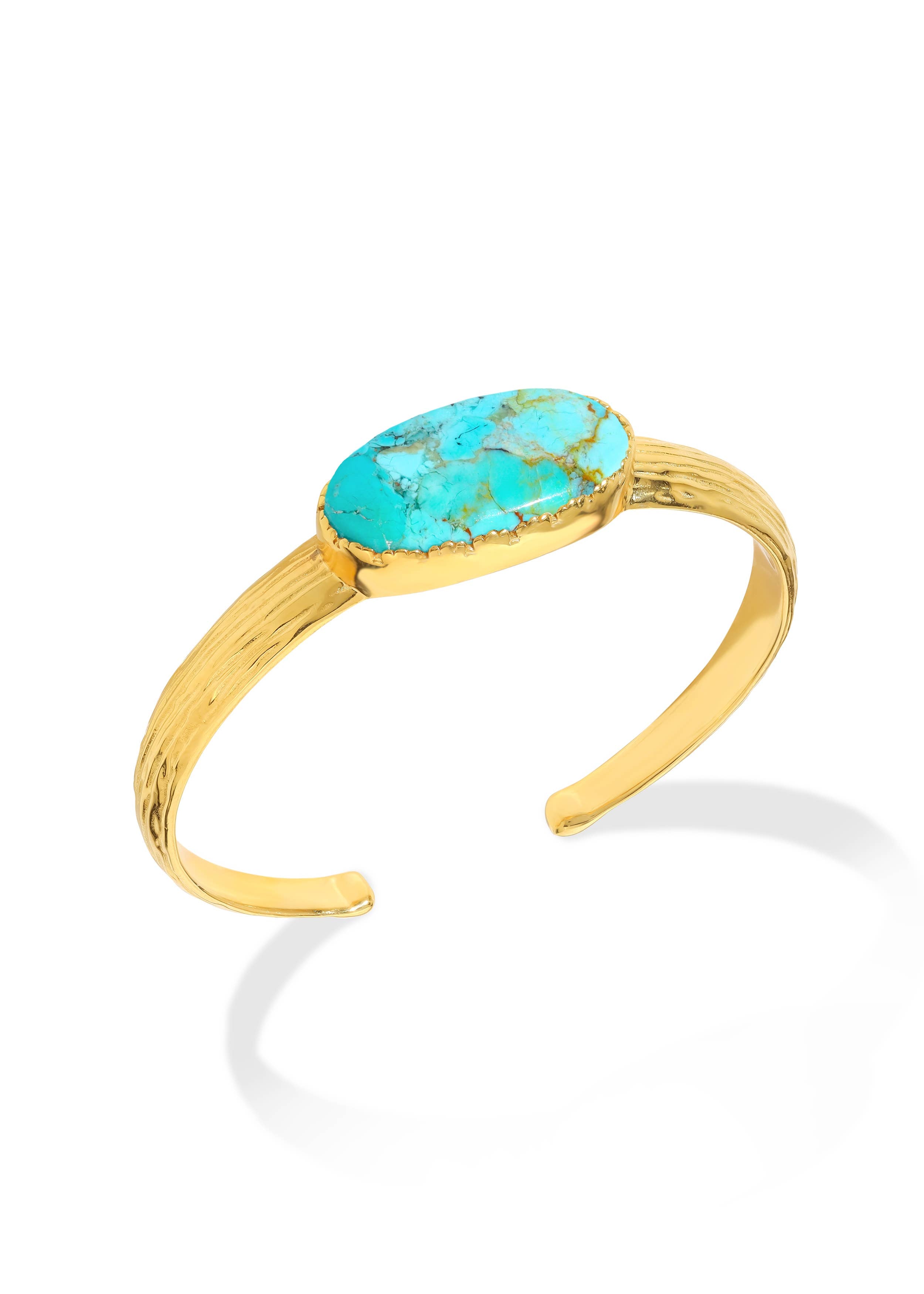 Tiramisu- Textured Gold Plated Mohave Turquoise Stone Cuff Bracelet