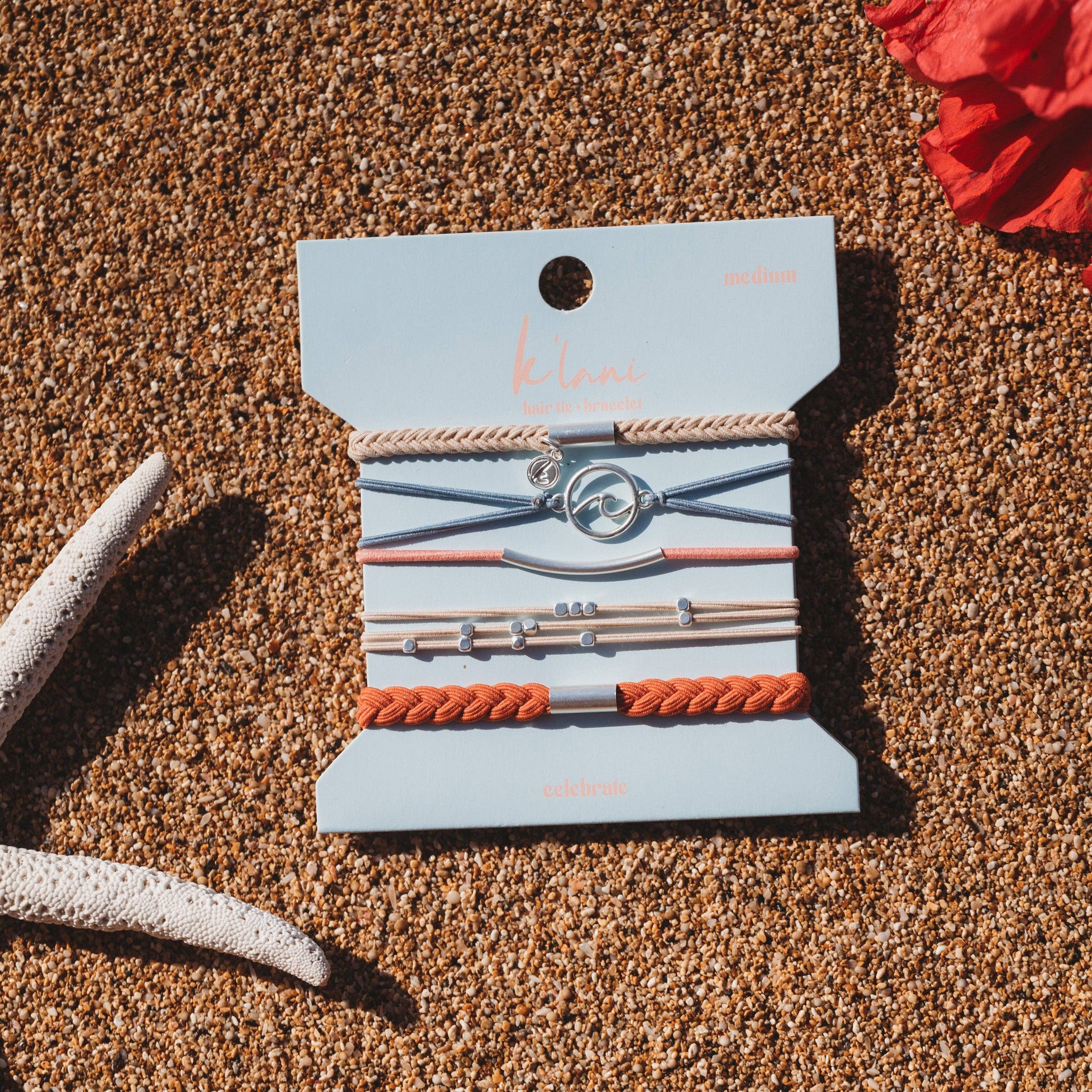 K'lani- "Celebrate" Blues and Corals With Silver Wave Charm Hair Tie Bracelets