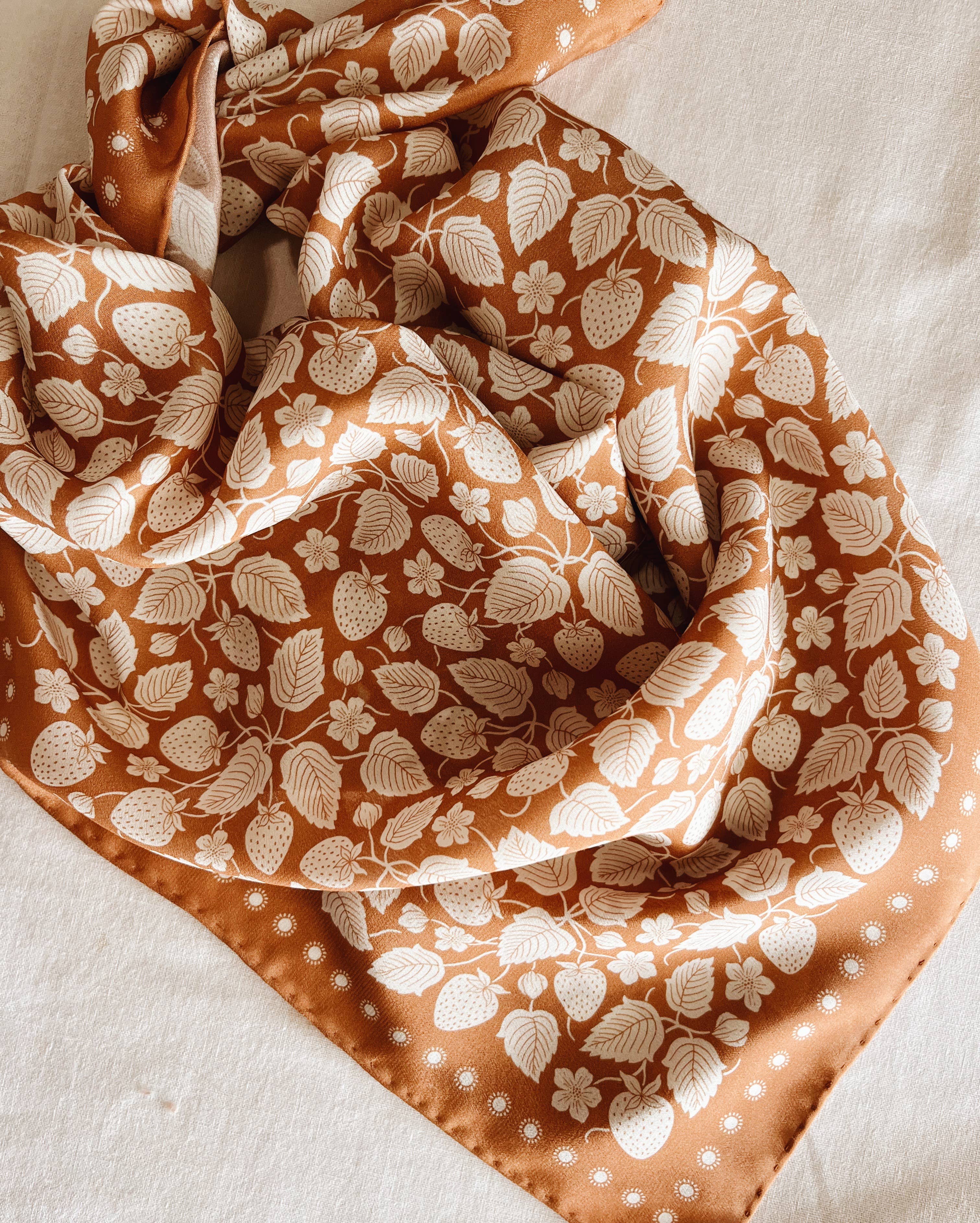 Flora West Design- 100% Silk Bandana Scarf Strawberry Patch Western Style