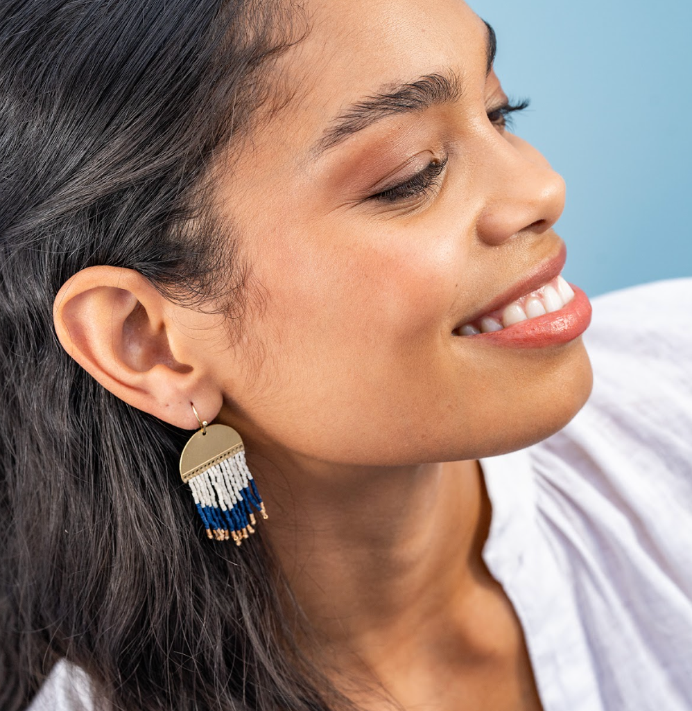INK + ALLOY- Claudia Curved Pattern Short Beaded Fringe Earrings Navy Wholesale