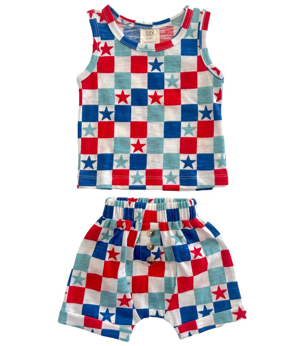 SIIX Collection- Red, White & Blue Checkerboard / Organic Tank & Short Set