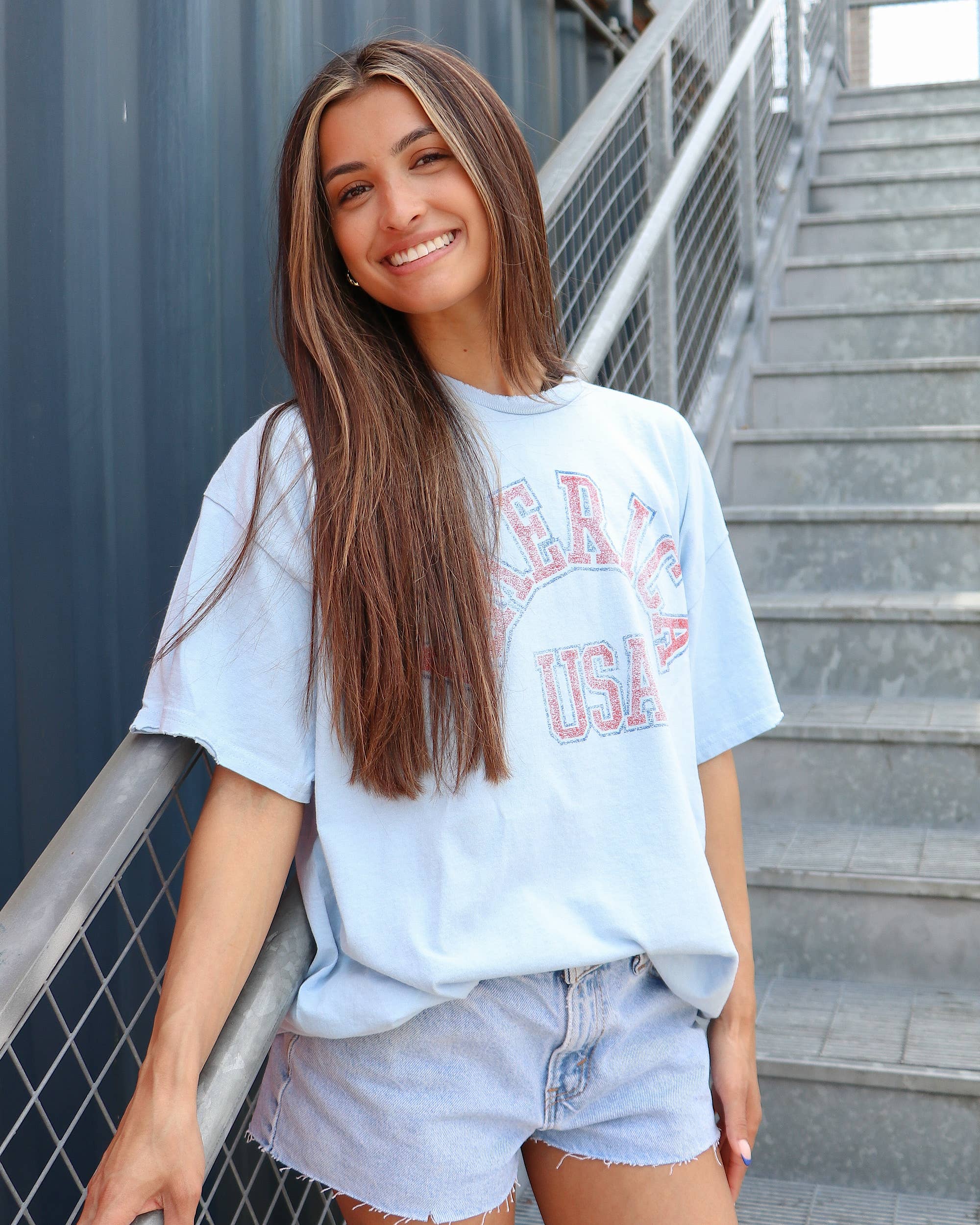 LivyLu- 4th of July America Mega Arch Lt. Blue Thrifted Graphic Tee