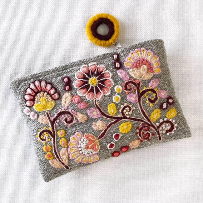 Jenny Krauss- Heather Gray Embroidered Wool Pouch