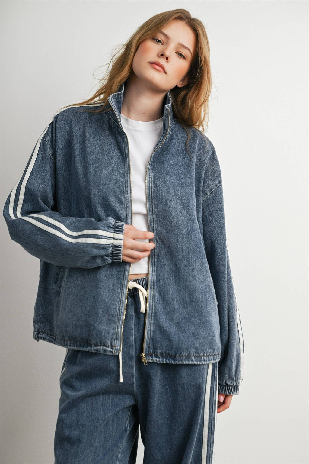 BUTTERMELON- Oversized Denim Zip-Up Track Jacket