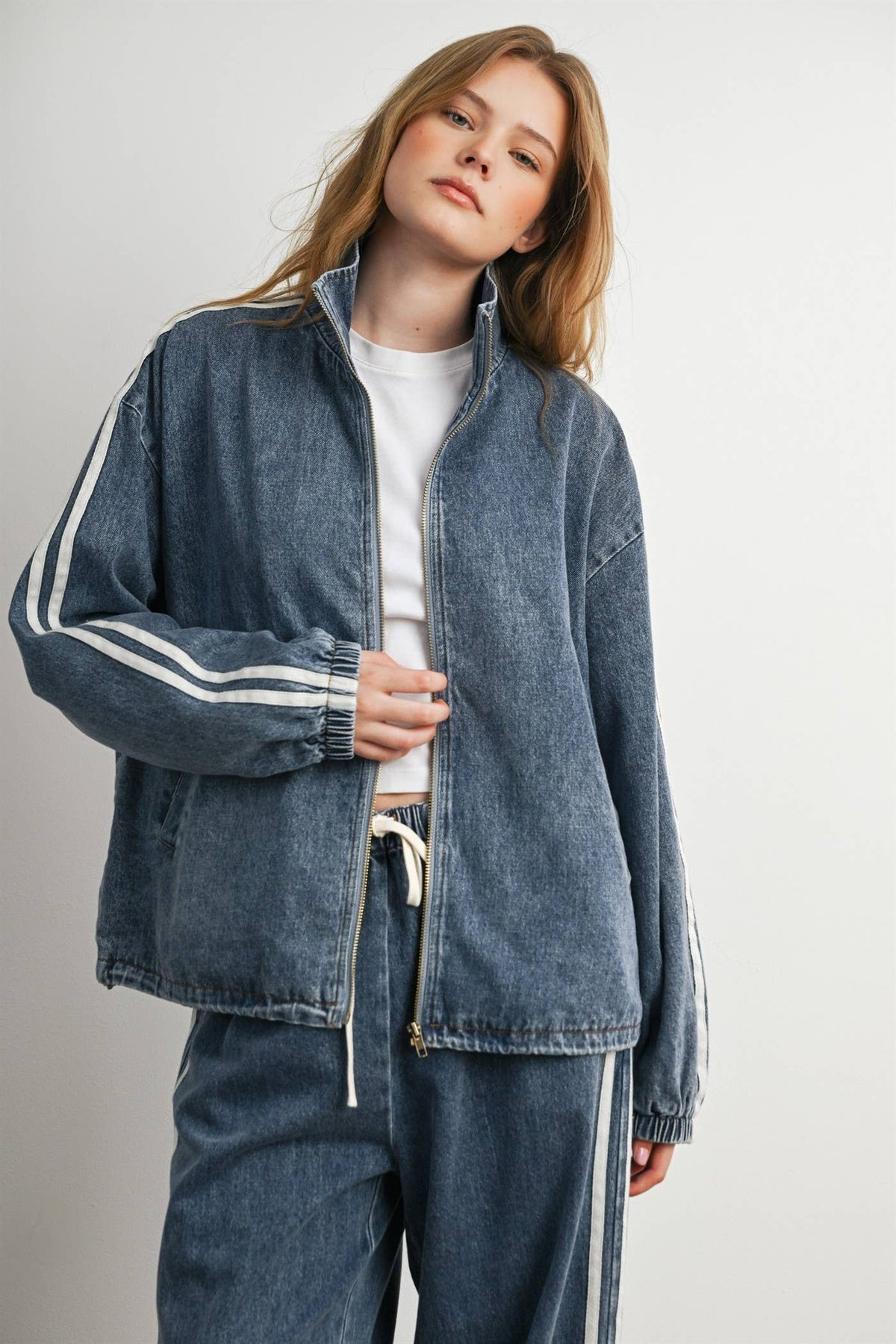 BUTTERMELON- Oversized Denim Zip-Up Track Jacket