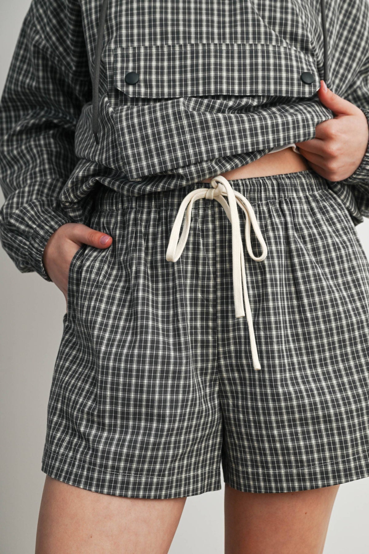 BUTTERMELON- Checkered Elastic Waist Shorts
