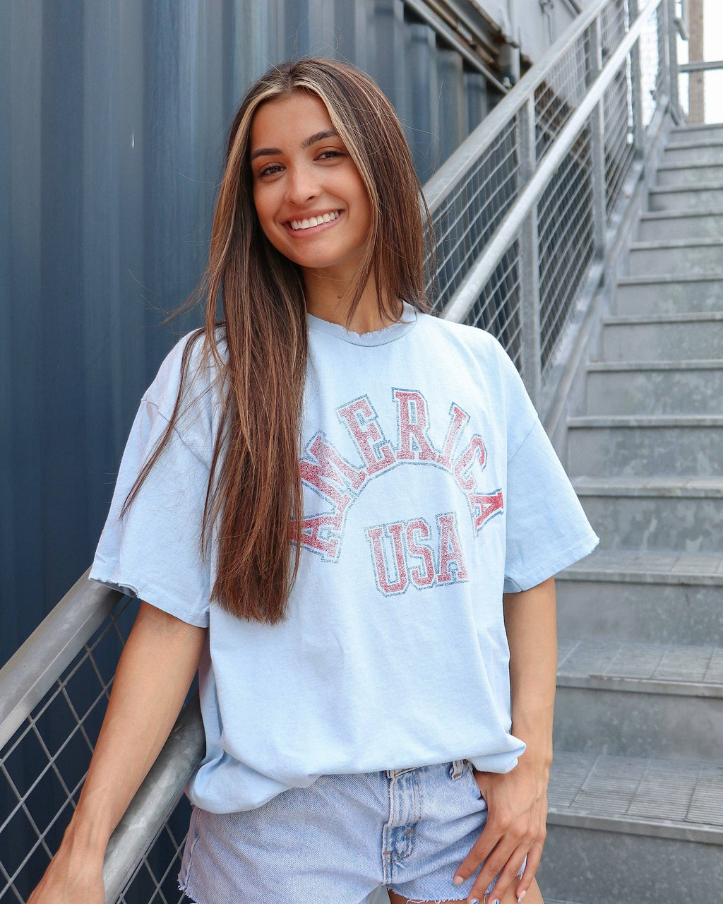 LivyLu- 4th of July America Mega Arch Lt. Blue Thrifted Graphic Tee