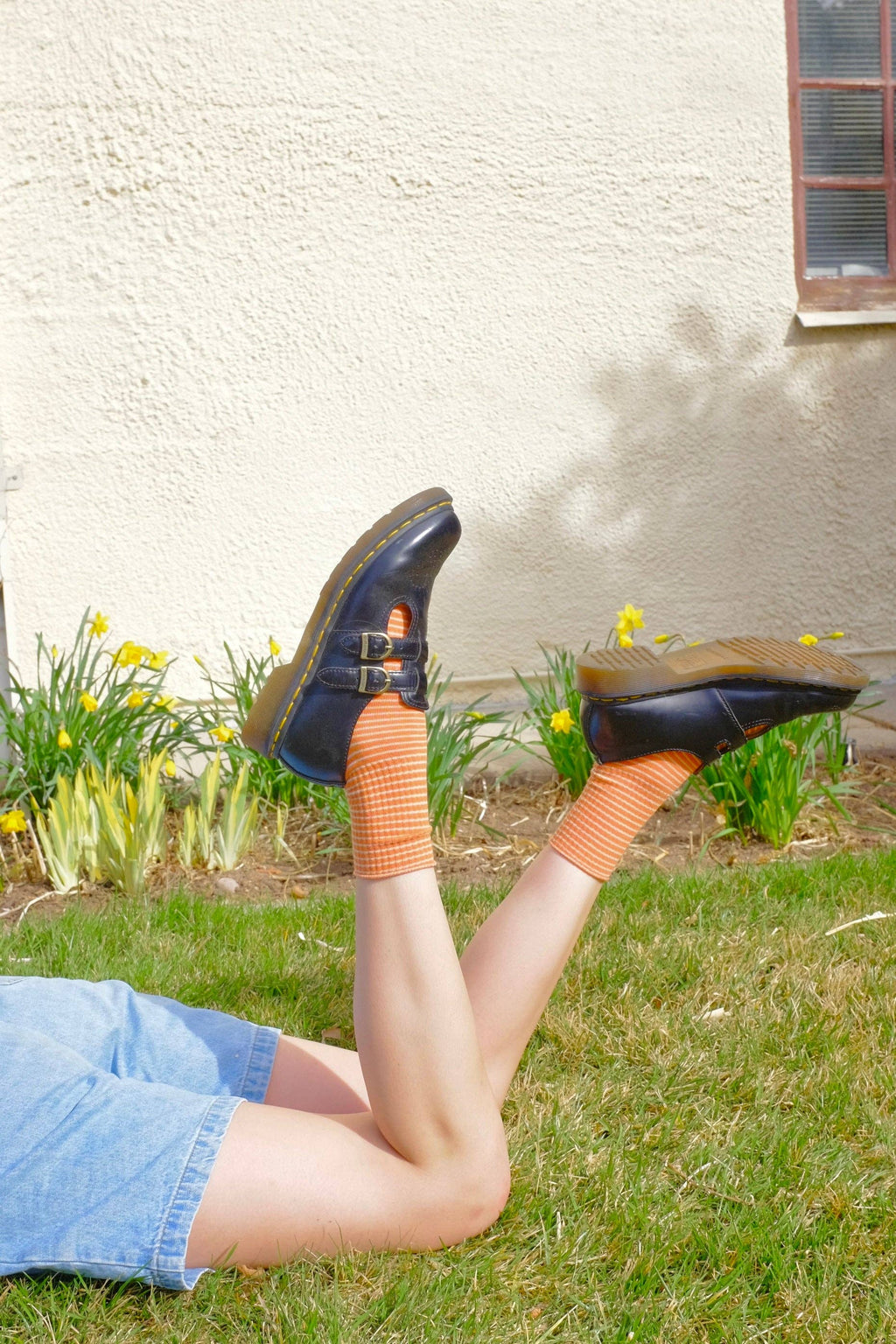 First Summer- Pinstripe Brown Blue Orange Ribbed Crew Socks