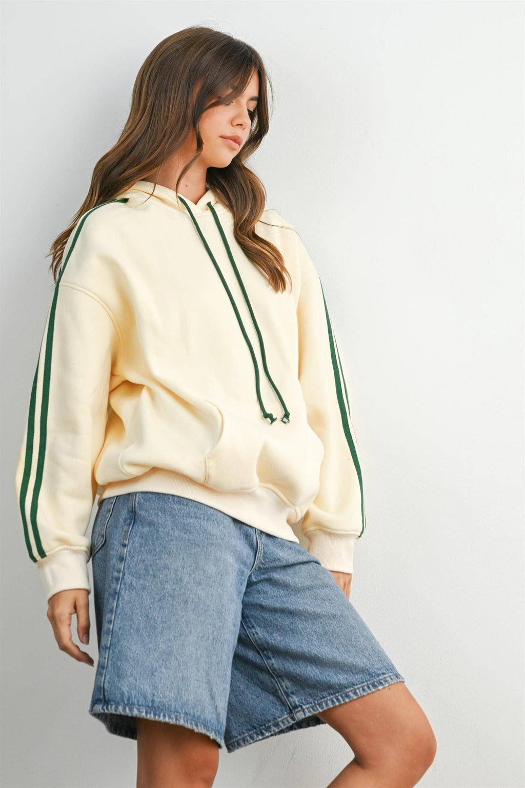 BUTTERMELON- Contrast Striped  Drawstring Hoodie