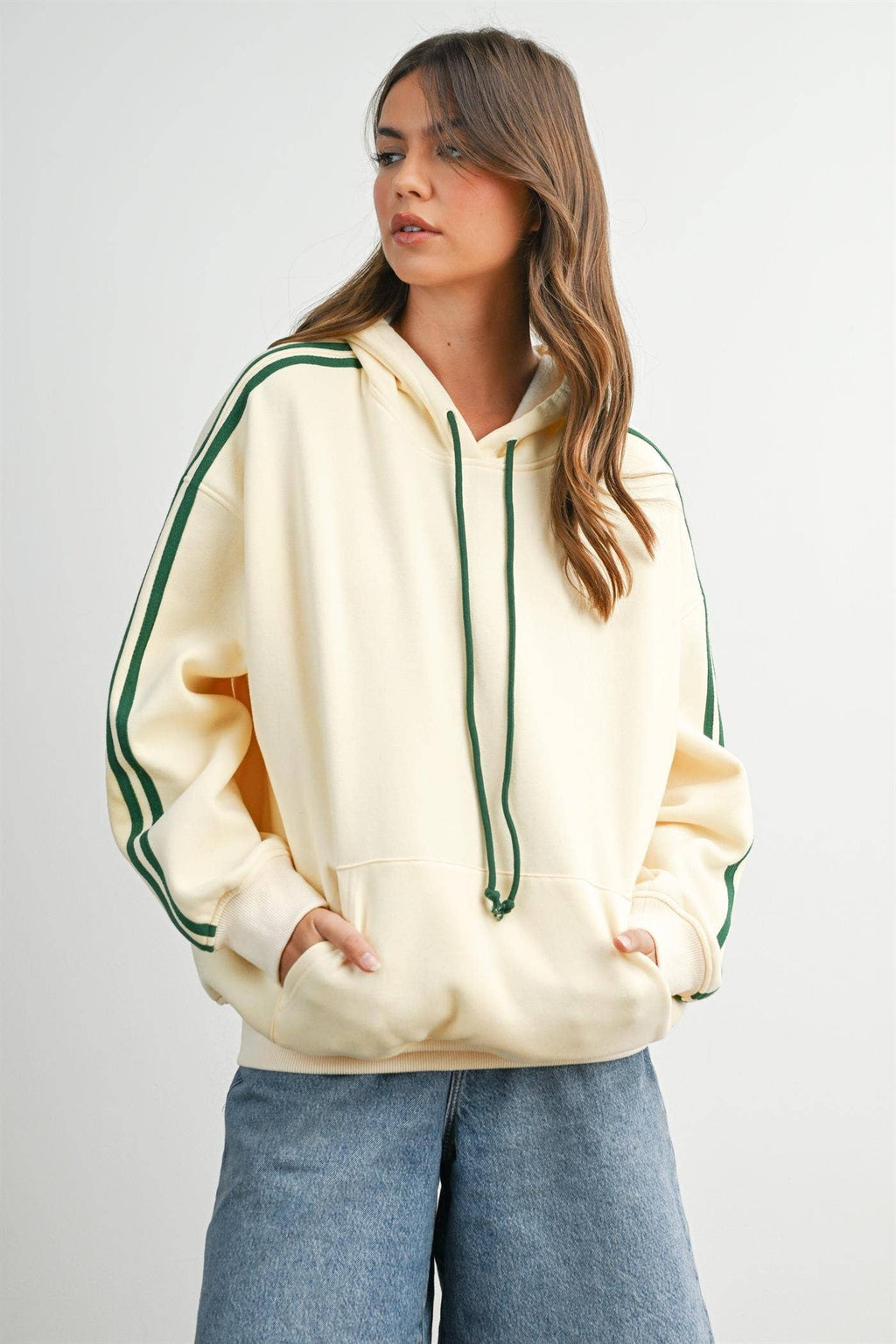 BUTTERMELON- Contrast Striped  Drawstring Hoodie