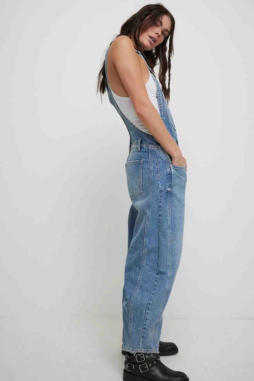 Free People- We The Free Good Luck Barrel Overalls in Ultra Light Beam